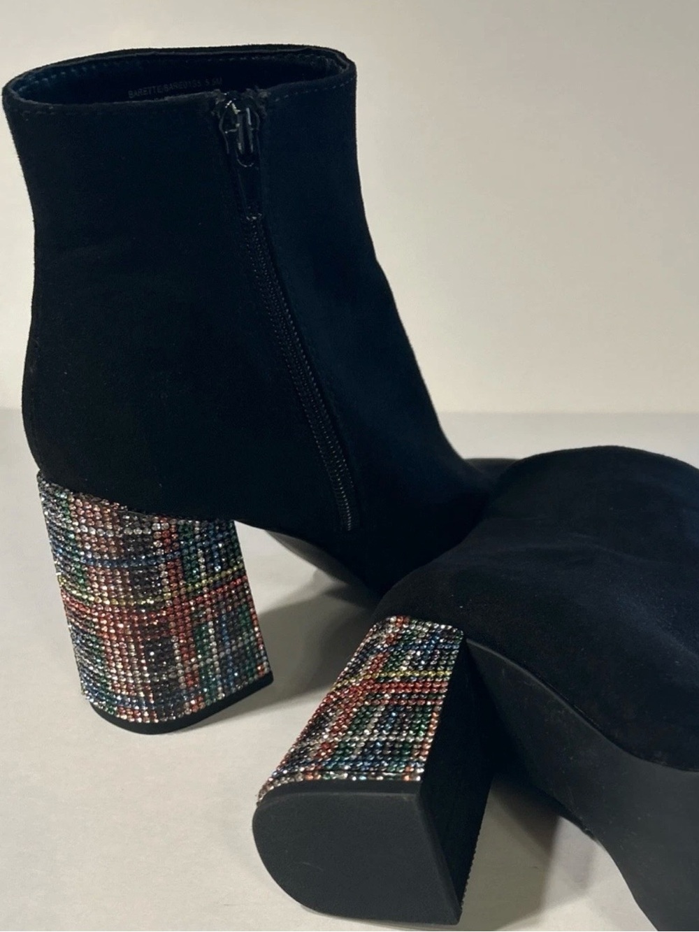 Betsey Johnson Black Faux Suede Rhinestone Block Heel Barette Booties Sz 5.5M
